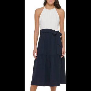 DKNY Halter Color-Block Washer Midi Dress Ivory/Navy NWT